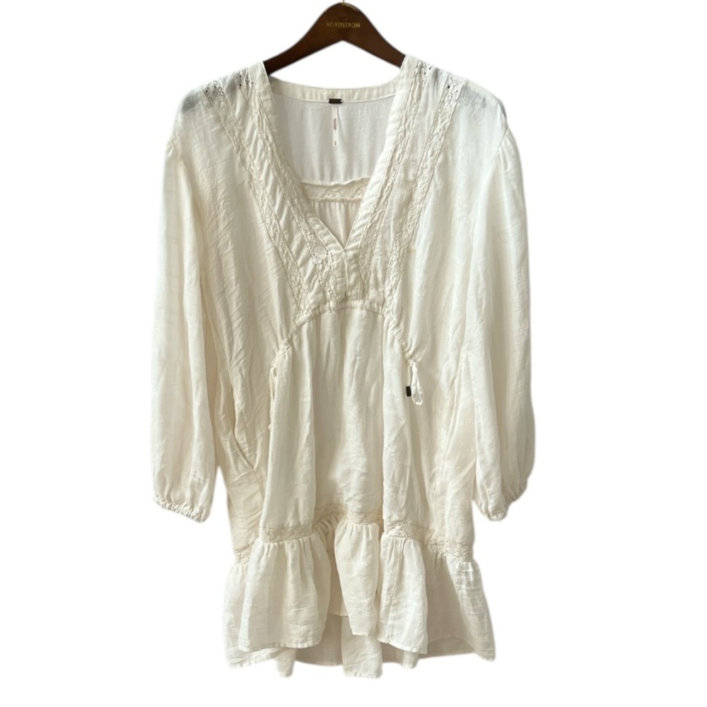 Free People Rugged Beauty Lace Panel Swing Dress Boho Mini in Ecru Wash M